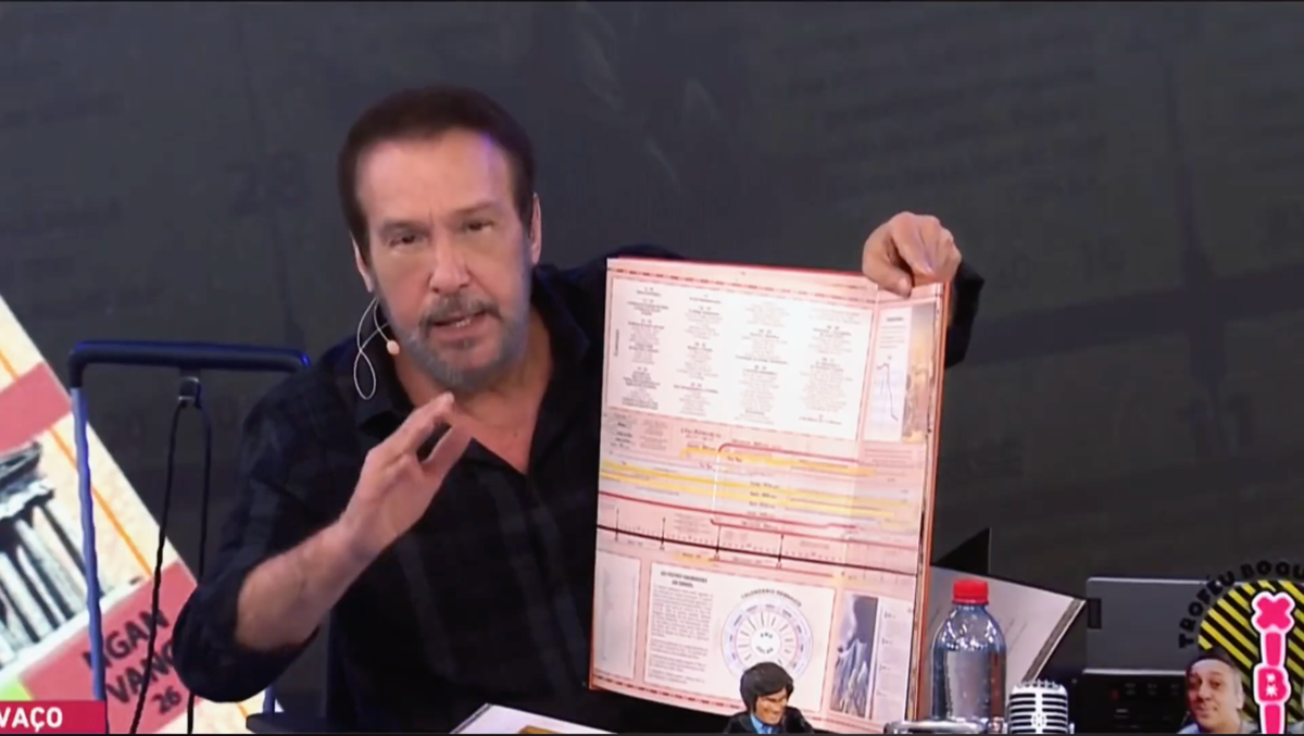 Emilio Surita mostrando a Tábua Cronológica da Bíblia no programa Pânico